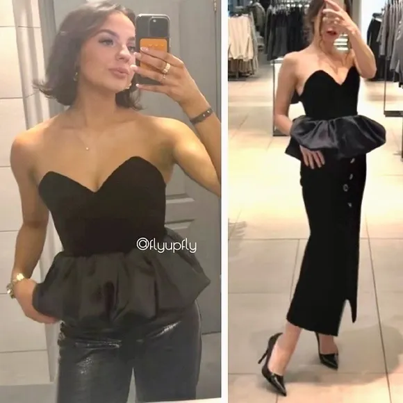 Zara NWT velvet satin peplum corset bubble sweetheart strapless black tube top - Image 4