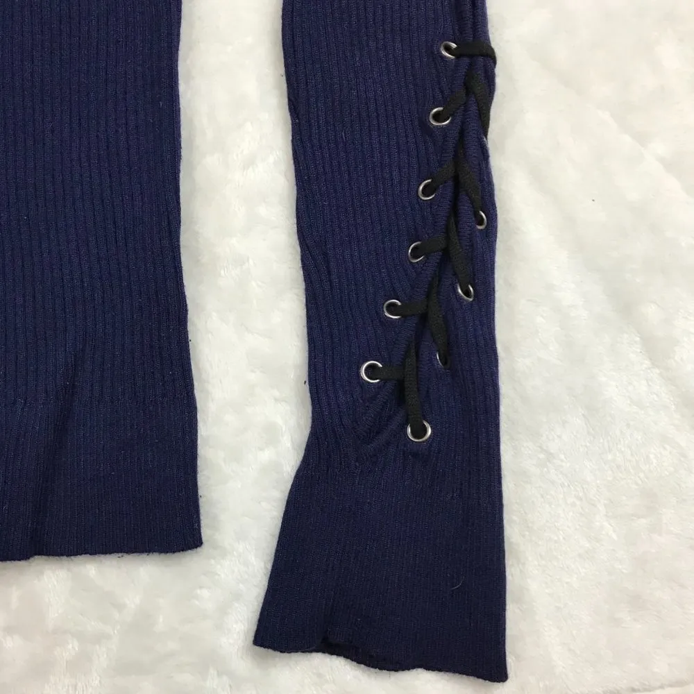 John + Jenn Ribbed Lace Up Long Sleeve Crew Neck Sweater Top Blue Women's Medium - Image 6