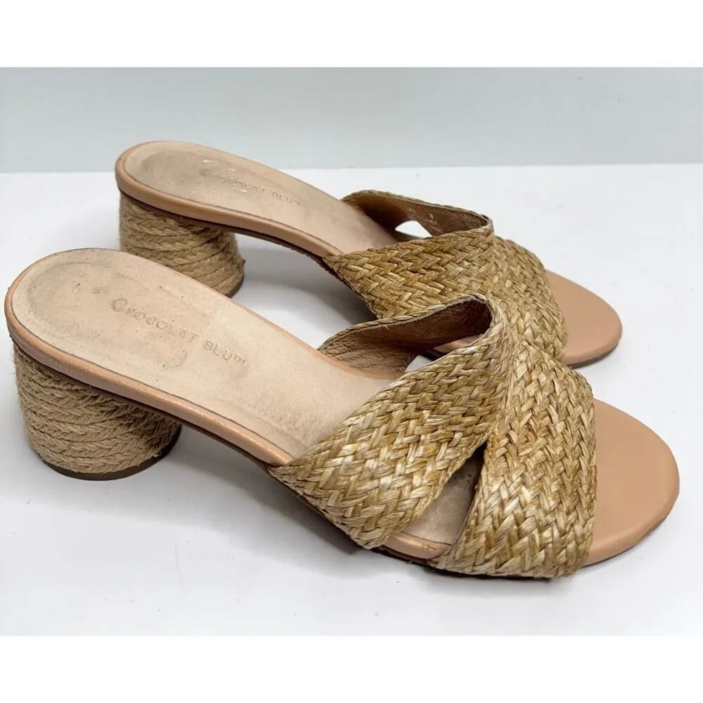 Chocolat Blue Sandals Size 8 Raffia Slide Sandals Block Heel Leather Lining - Image 3