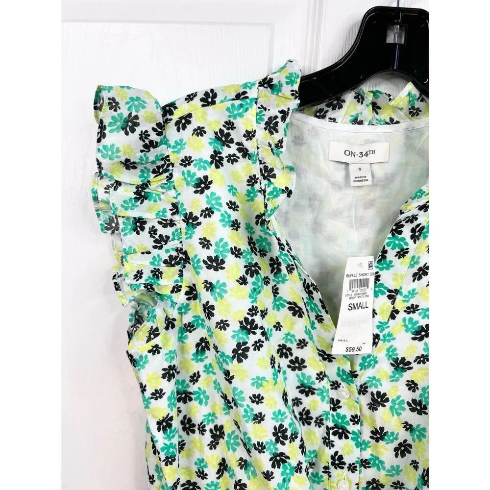 ON 34TH Ruffle Short Dress Floral Print Ruffled Button Down V Neck Size S Green - Image 2