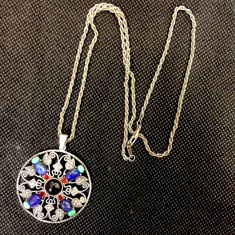 Sterling Silver Turquoise Garnet Onyx Lapis Marcasite Pendant and Rope Necklace - Image 5