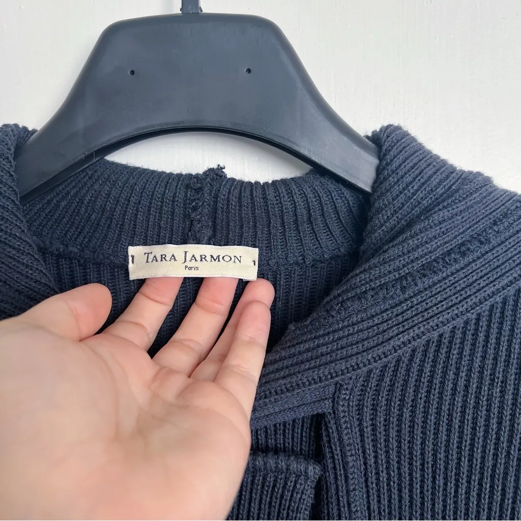Tara Jarmon • Hooded Toggle Sweater navy blue ribbed cotton boxy chunky knit Size M - Image 3