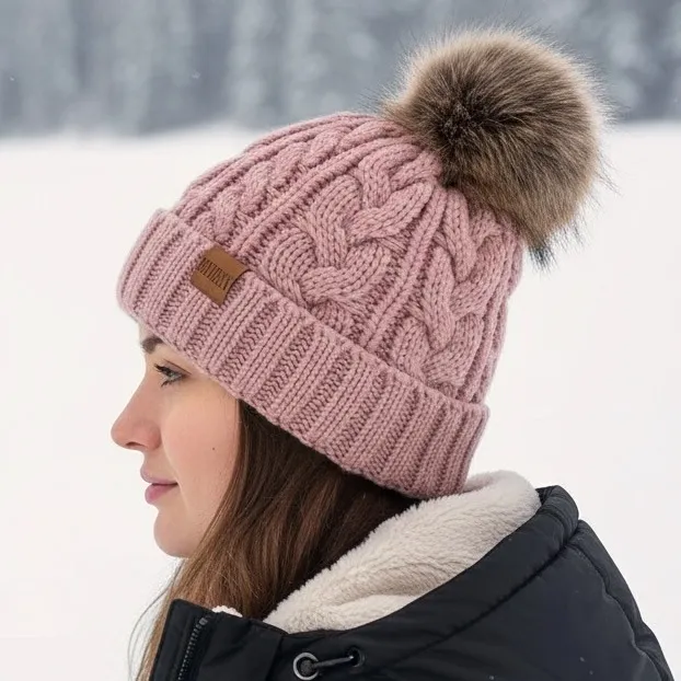 Winter Cozy Warm Pom Pom Pink Beanie Hat‎ Cable Knit Fleece Lined Ski NWT - Image 2