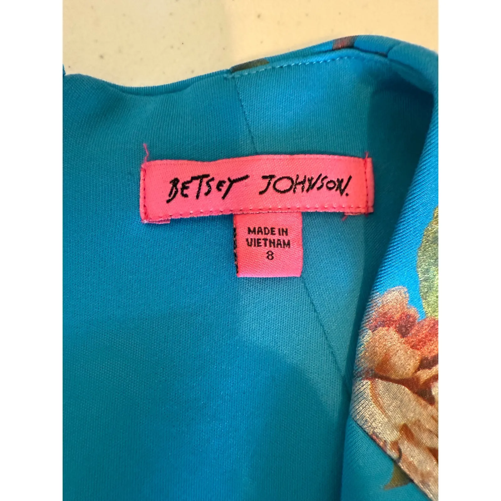 Betsey Johnson Floral Print Dress V Neck Cap Sleeve Party Cocktail Blue Size 8‎ - Image 2