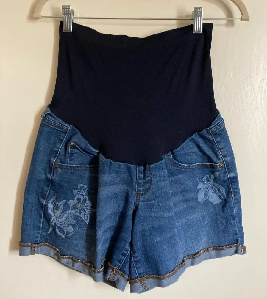 🌞a:glow Medium Wash Embroidered Floral Maternity Denim Jean Shorts #MBG Blue Size undefined - Image 1