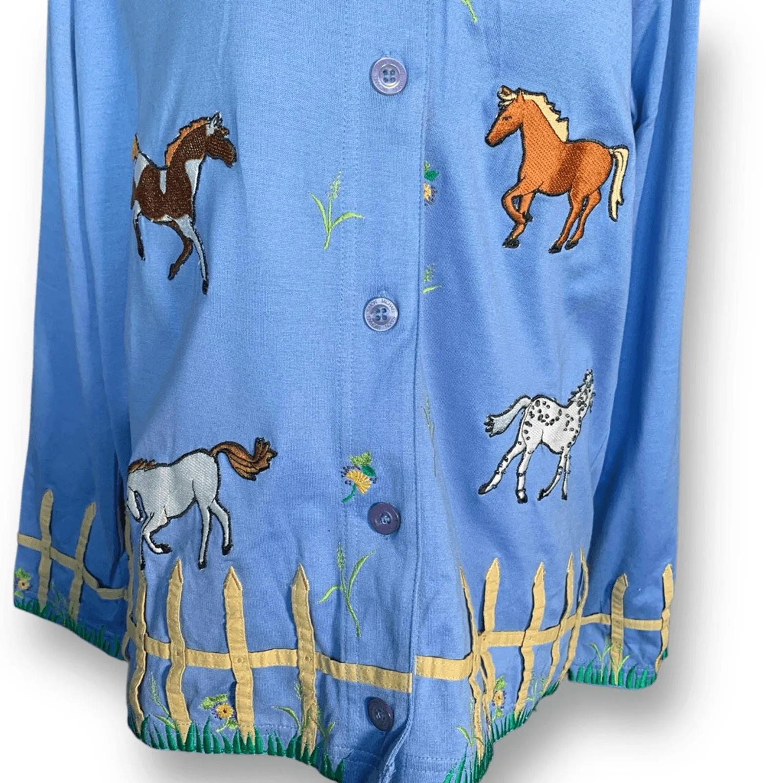 Vintage Michael Simon Lite Horse Embroidered Button Front Shirt Small Boho Ranch Blue - Image 3