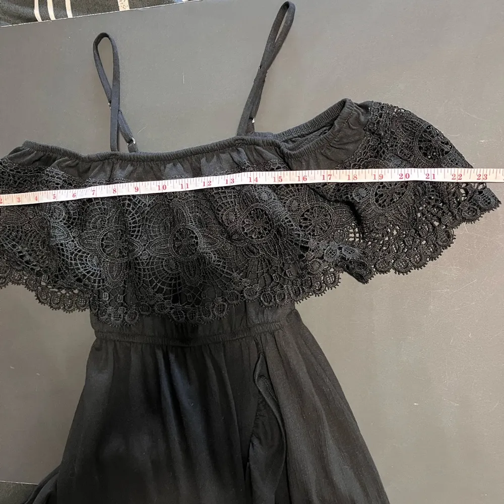 ASYMMETRICAL Black Off Shoulder Ruffle Lace Long Dress Women’s Sz S EUC - Image 6