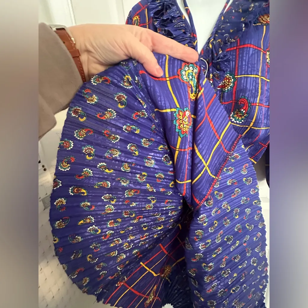 Vtg 80s Jaymee Papell midi dress smocked paisley 3/4 bishop sleeve ruffle granny Purple Size M - Image 9