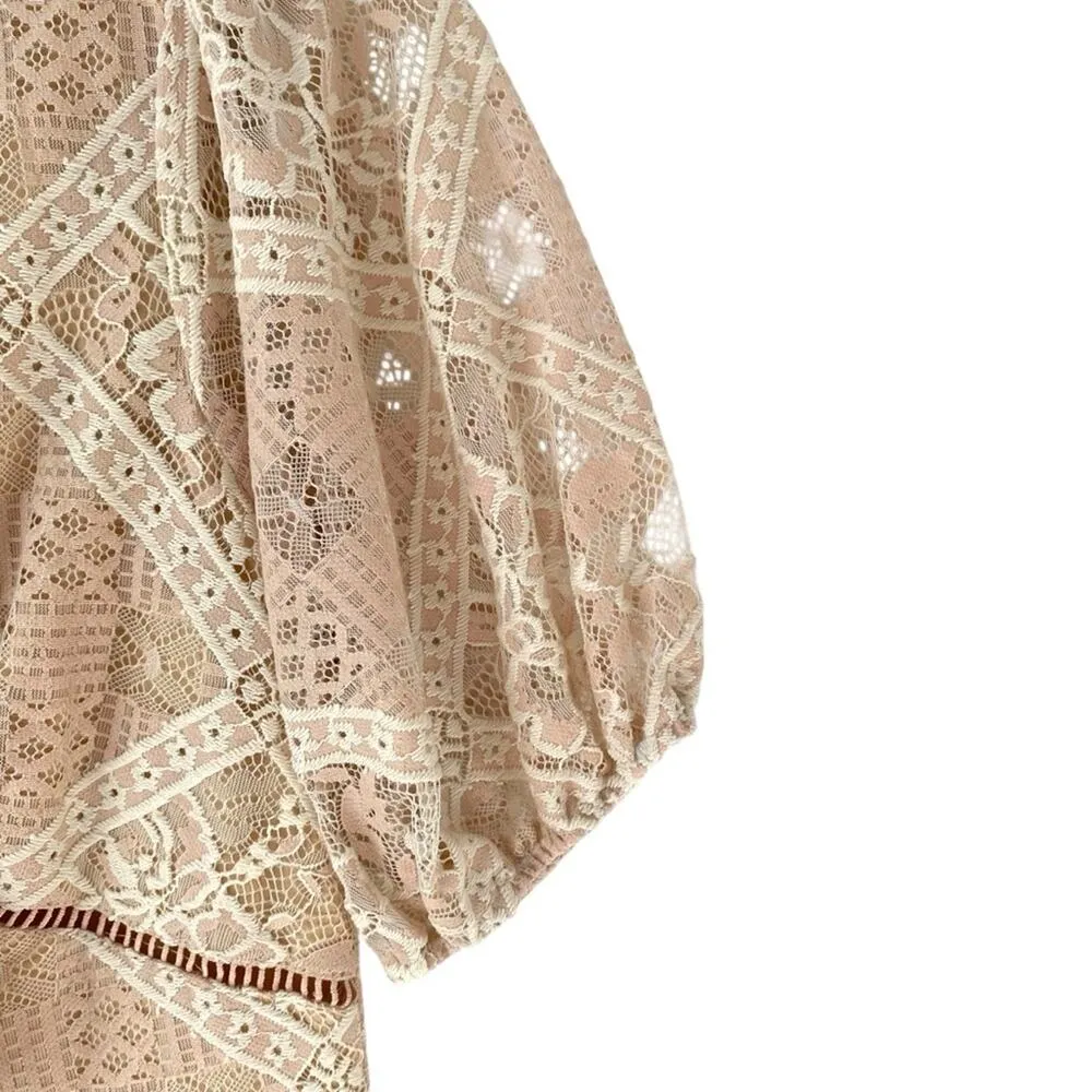 NSR NWTs Ana Rose Lace Tan Cream Romantic Dress size XS Midi Puff Sleeves - Image 7