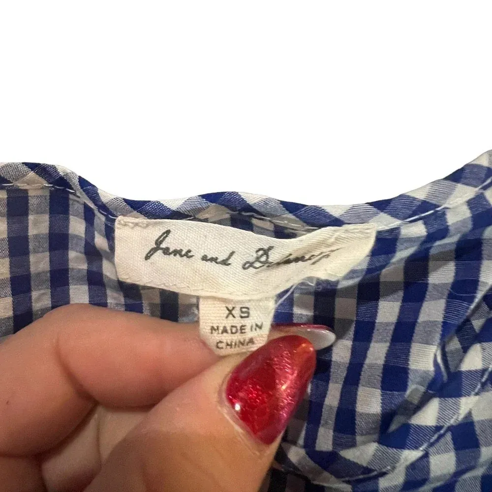 Jane & Delancey Blue Gingham‎ Blouse XS Cotton Bell Sleeve Scoop Neck - Image 2