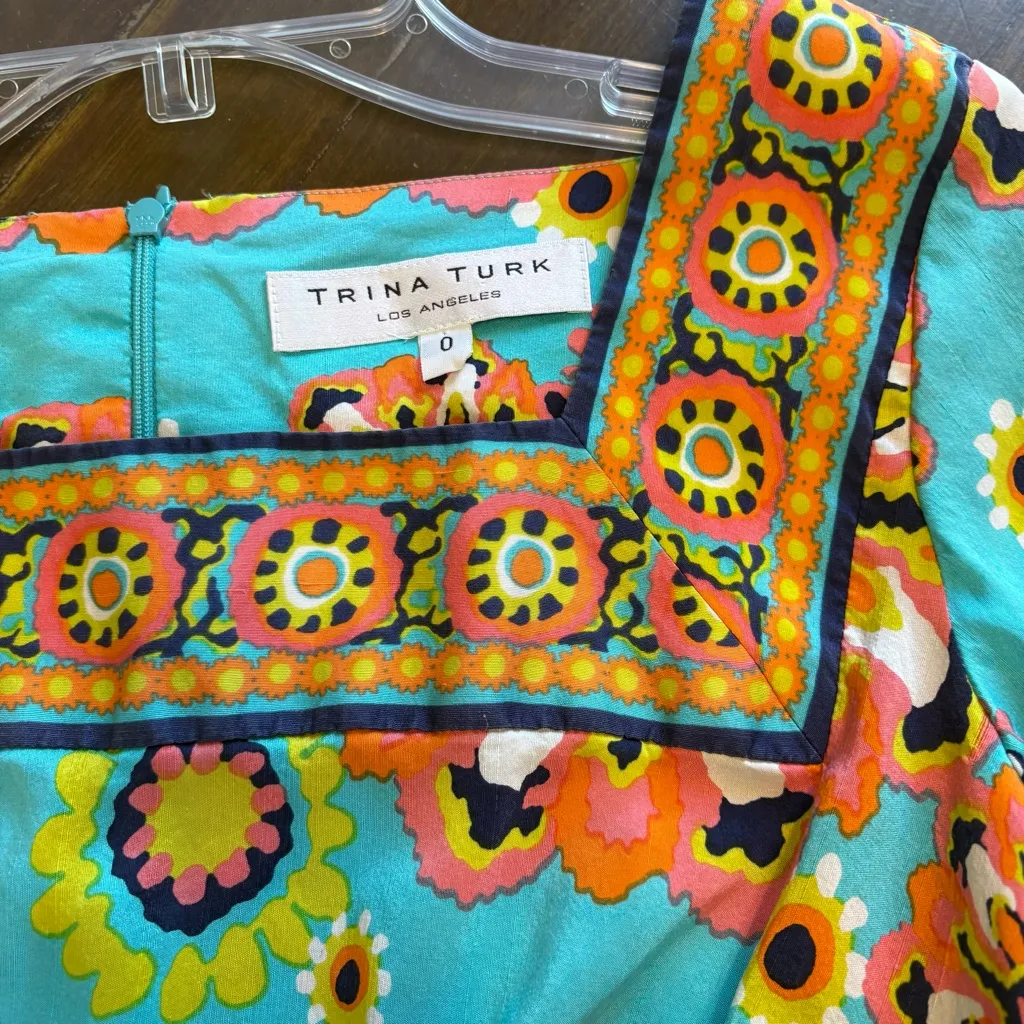 Trina Turk Gypsy Psychedelic Floral Funky Medallion Baby Doll Bell Sleeve Silk - Image 5