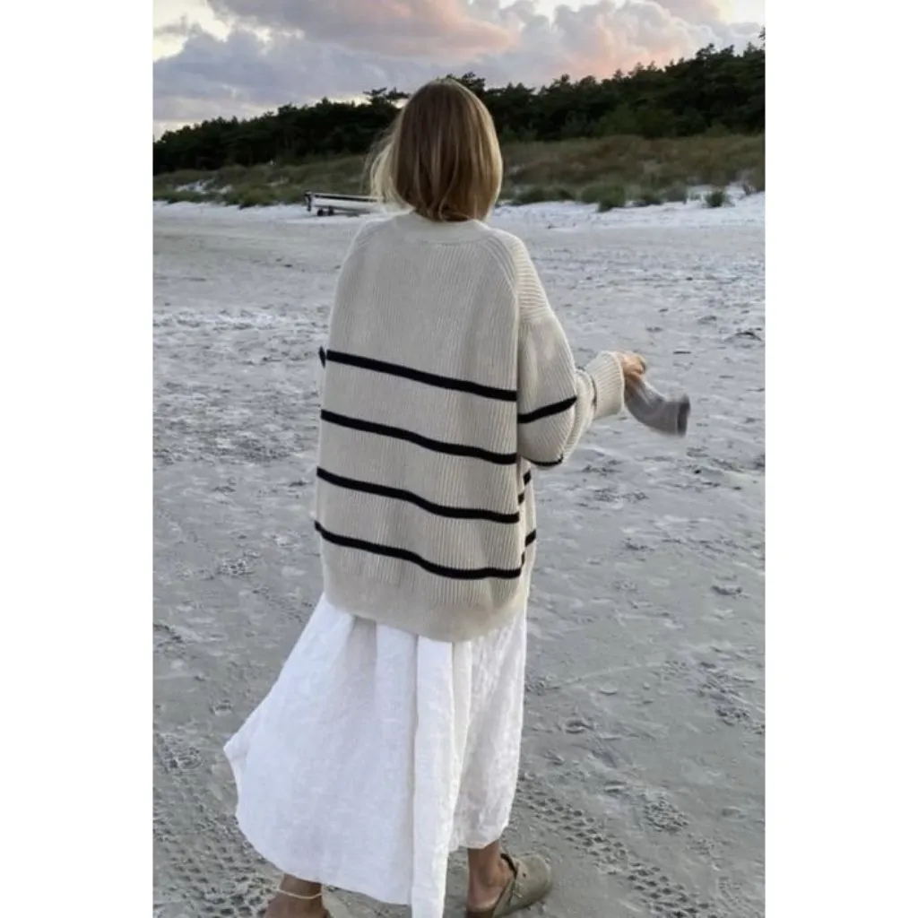 NWT NakedCashmere Cove Cardigan in Ecru Navy Stripe Cashmere Oversized Sweater S White - Image 11