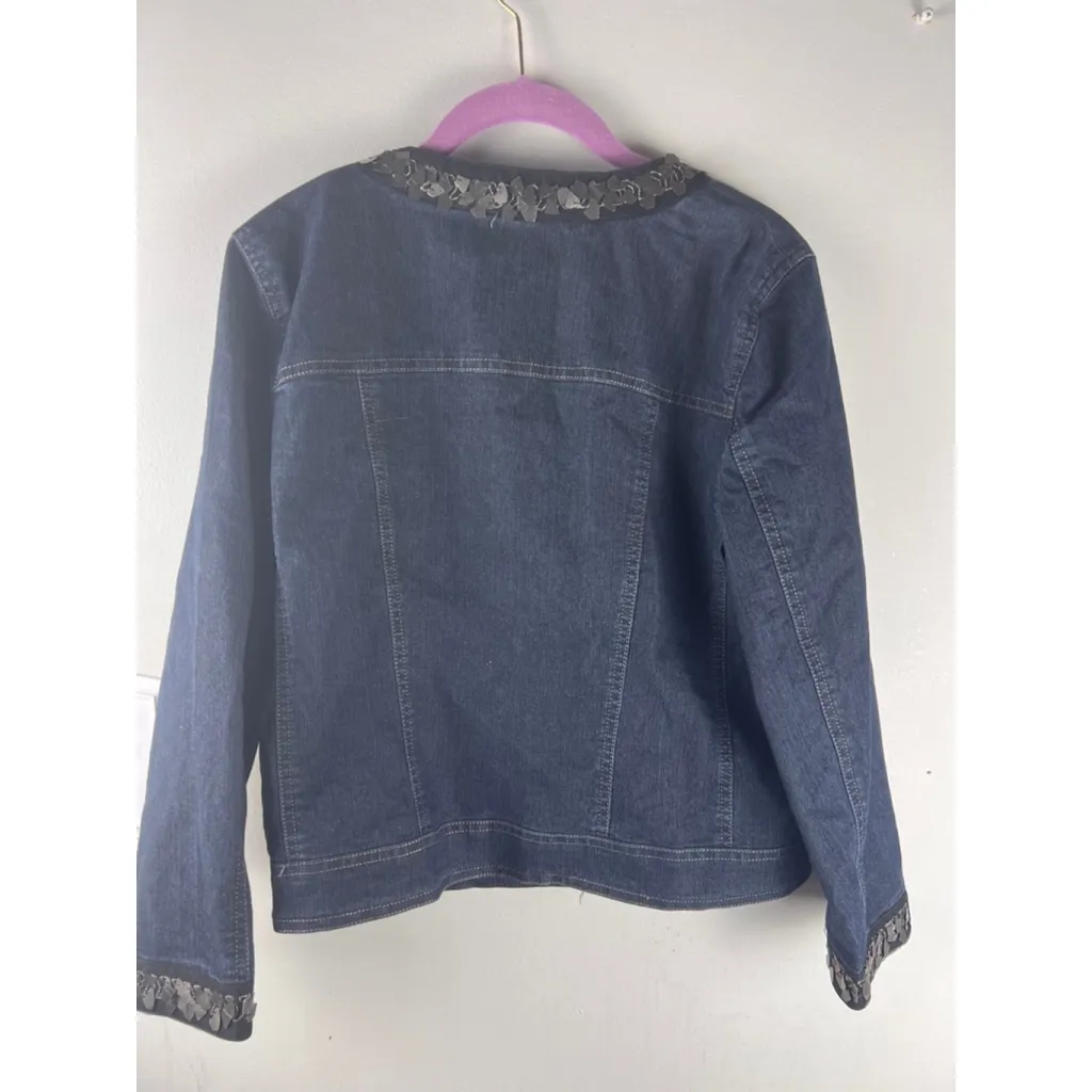 Focus 2000 Denim Jacket Womens 10 Embellished Collar Snap Button Stretch Blue - Image 4