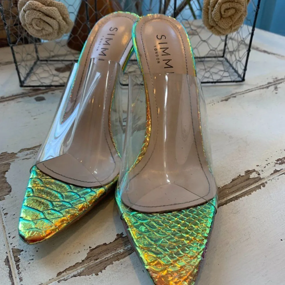 London Simmi Mule Iridescent Spike Heel Gold Size 7.5 - Image 6