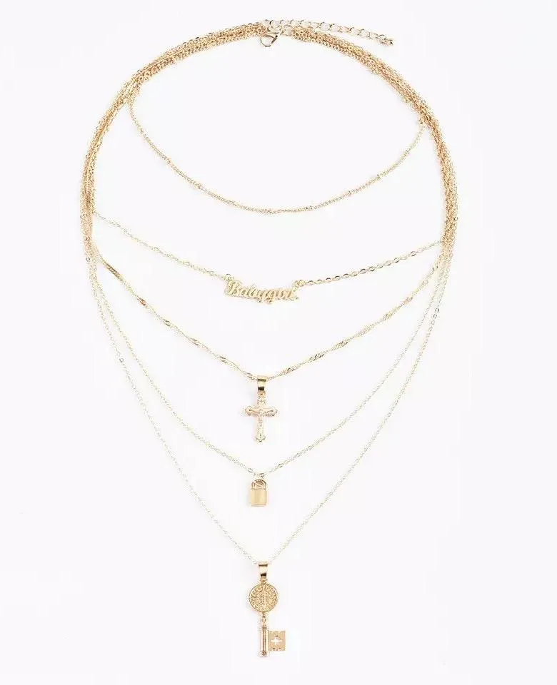 Boutique Lock Key Cross Pendant Multilayered Chain Necklace  - Image 4