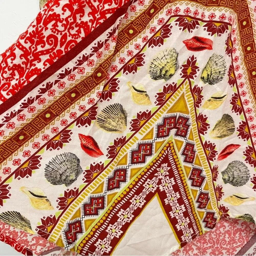 Farm Rio Red & Tan Seashell Print Handkerchief Blouse Womens S Top Boho Shirt - Image 2