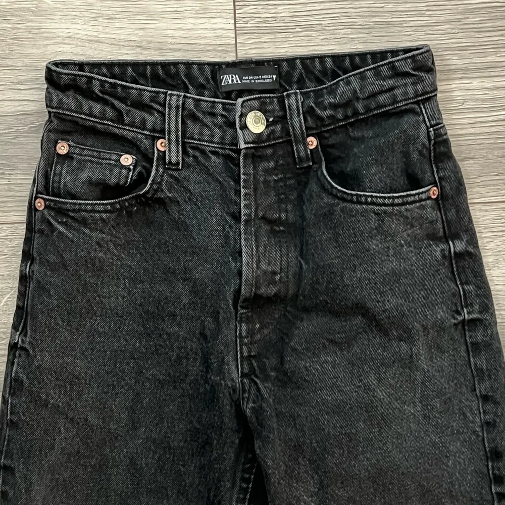 Zara Button Fly High Rise Straight Leg Raw Hem Jeans | Mineral Faded Black | 2 - Image 3