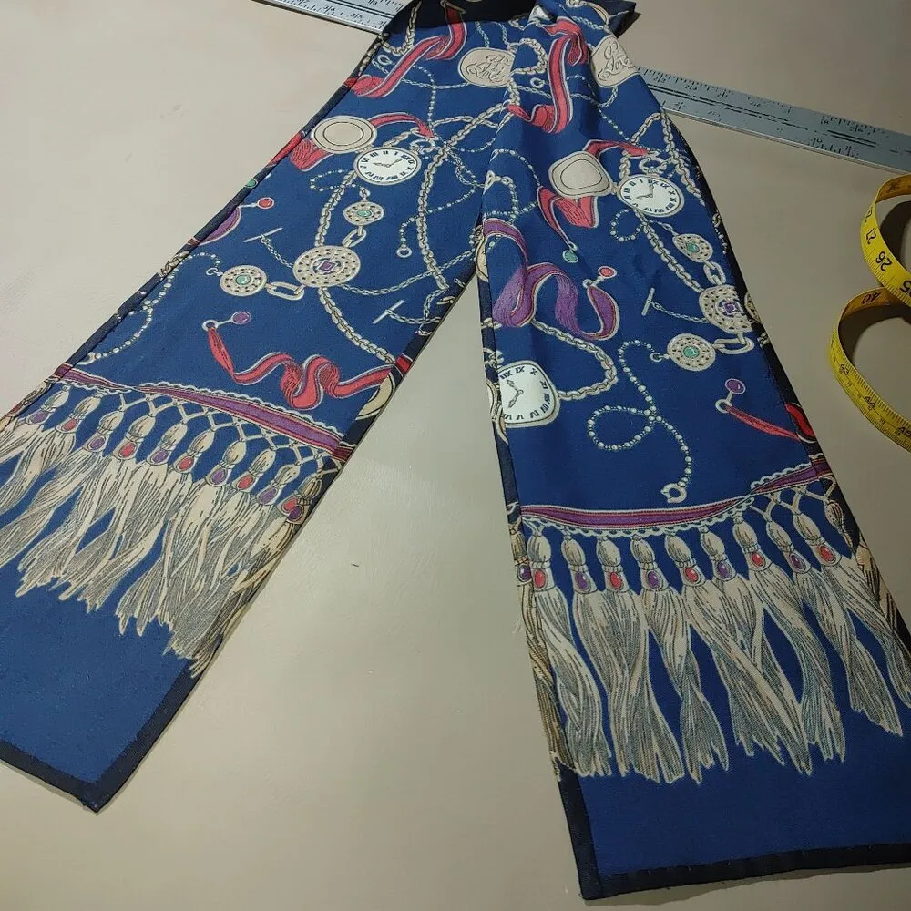 Navy Silk Scarf With Clock Tassel Print Long Rectangular Design Coat Accent Gold - Image 6