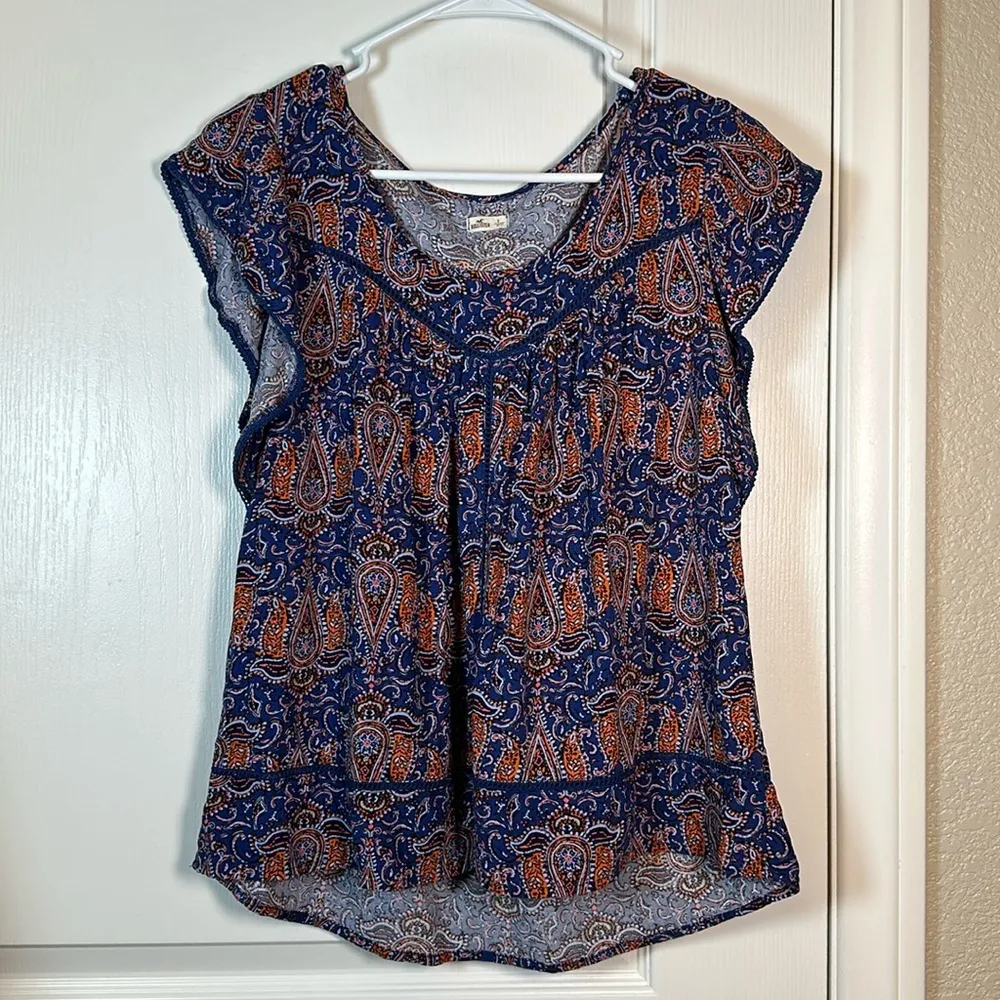 Hollister Bohemian Paisley Flowy Blouse Blue Orange Size Small EUC #0609-OC - Image 2