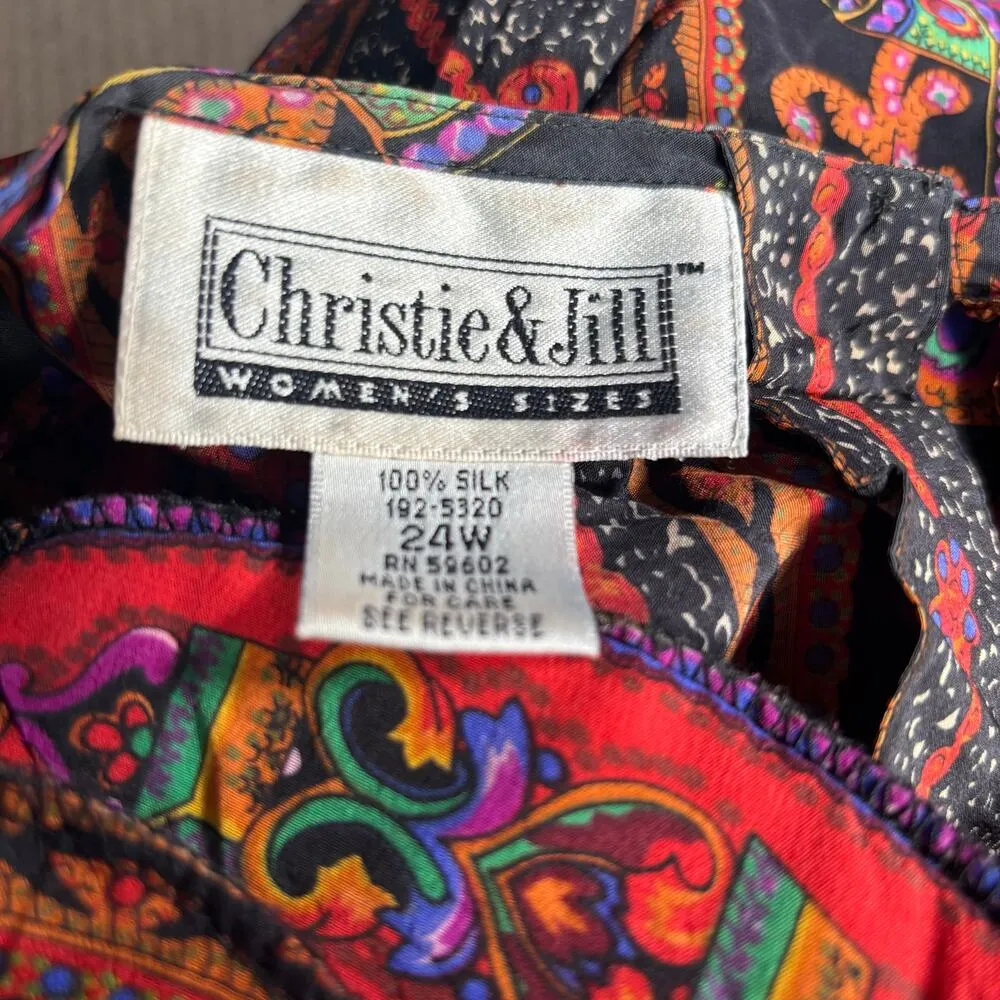 Vintage Silk Blouse 24W Bold Print Black Red Purple Scroll Pattern Top Crewneck - Image 7