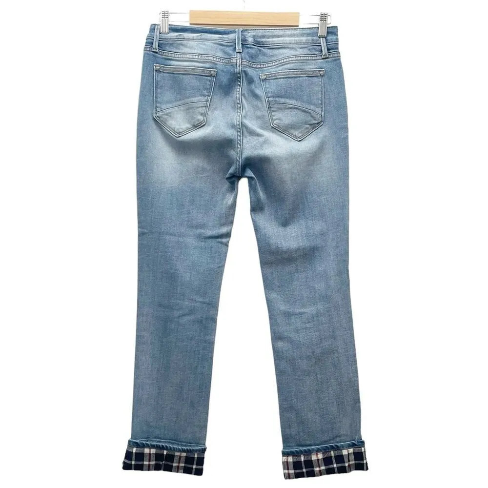 Driftwood Colette Straight Leg Boho Jeans Medium Wash Plaid Tartan Cuff Size 29 - Image 3