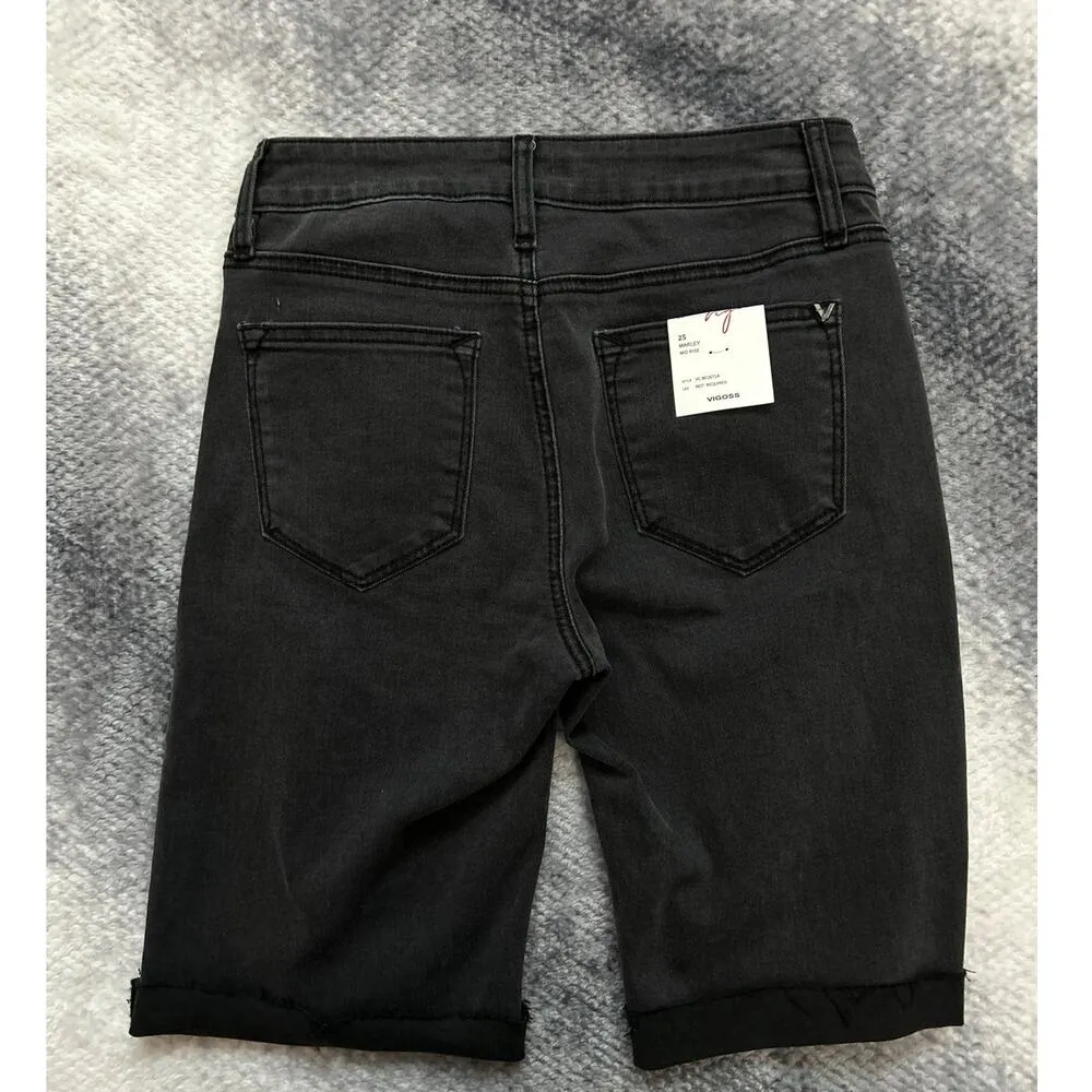 Vigoss Black Denim Marley Bermuda Distressed Cuffed Mid Rise Shorts Size 25 | 2 - Image 3
