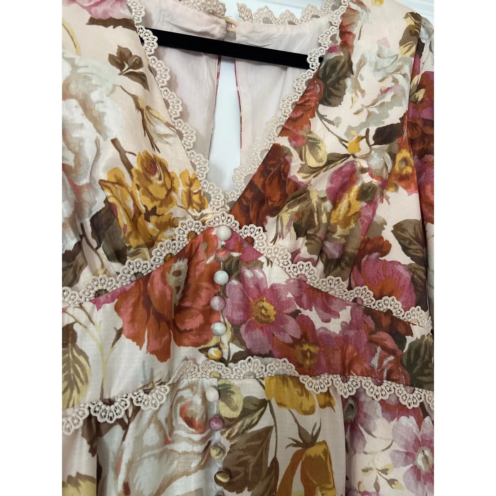 Luxxel Floral Long Sleeve Romper Lace Trim Boho Medium - Image 4