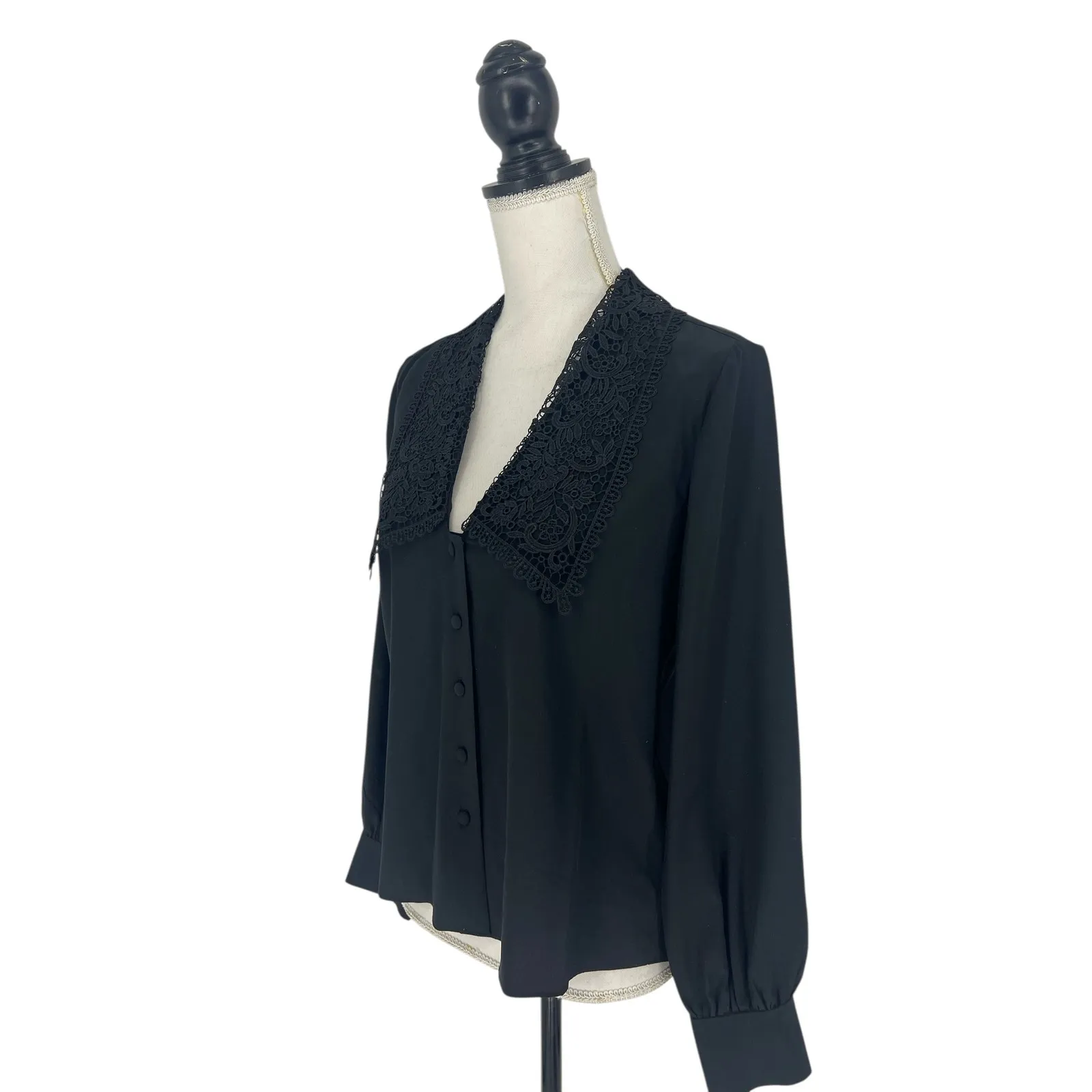 Frame Black Silk Lace Puritan Collar Button Front Blouse XS - Image 7