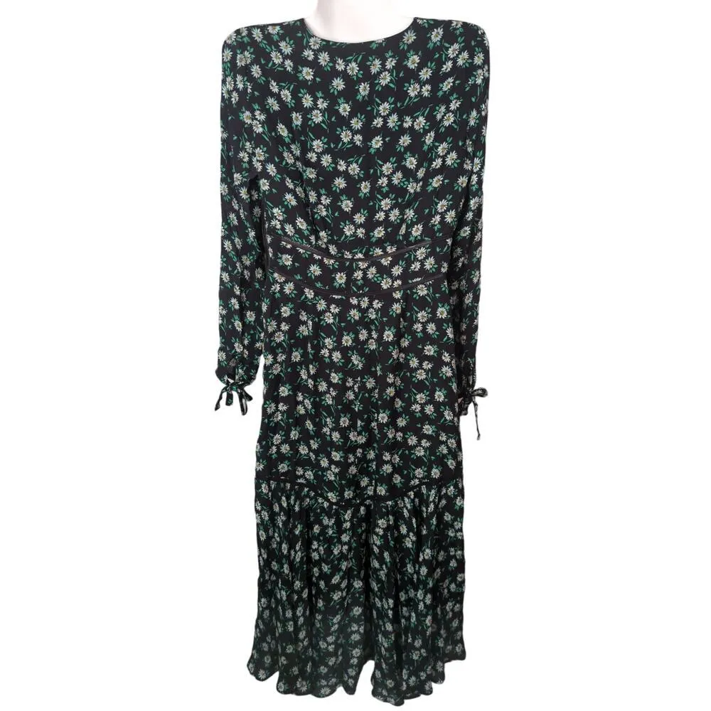 Intermix Long Sleeve Silk Floral Tiered Midi Dress Black Green White Women Sz. 0 - Image 11