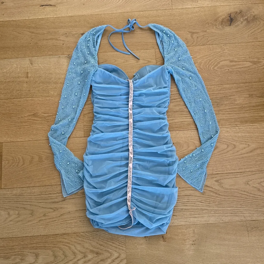 Oh Polly Mini Dress Long Sleeve Embellished Size US 6 Blue - Image 4