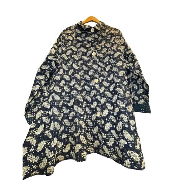 Overcoat Women Medium‎ Patchwork Blue Paisley Mother of Pearl Bohemian Cottage - Image 7