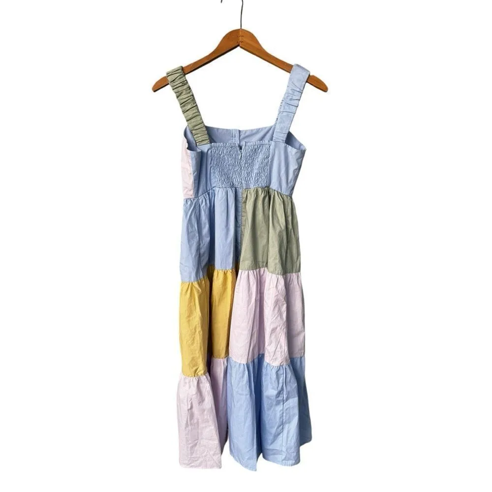 Aureum Hallie Poplin Pastel Color Block Tiered Midi Dress XS Blue - Image 3