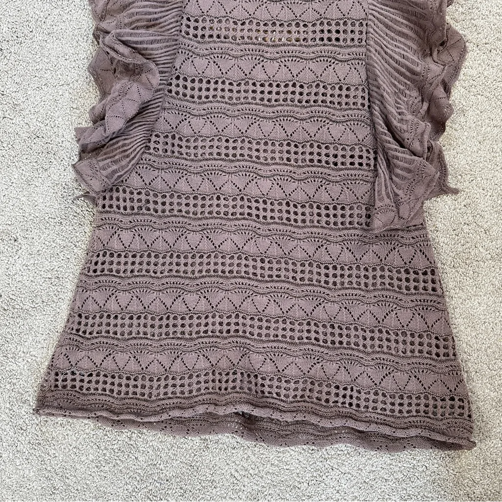 Knitted & Knotted Women’s Linen Blend Crochet Ruffle Sweater Shortsleeve Gypsy S Brown - Image 6