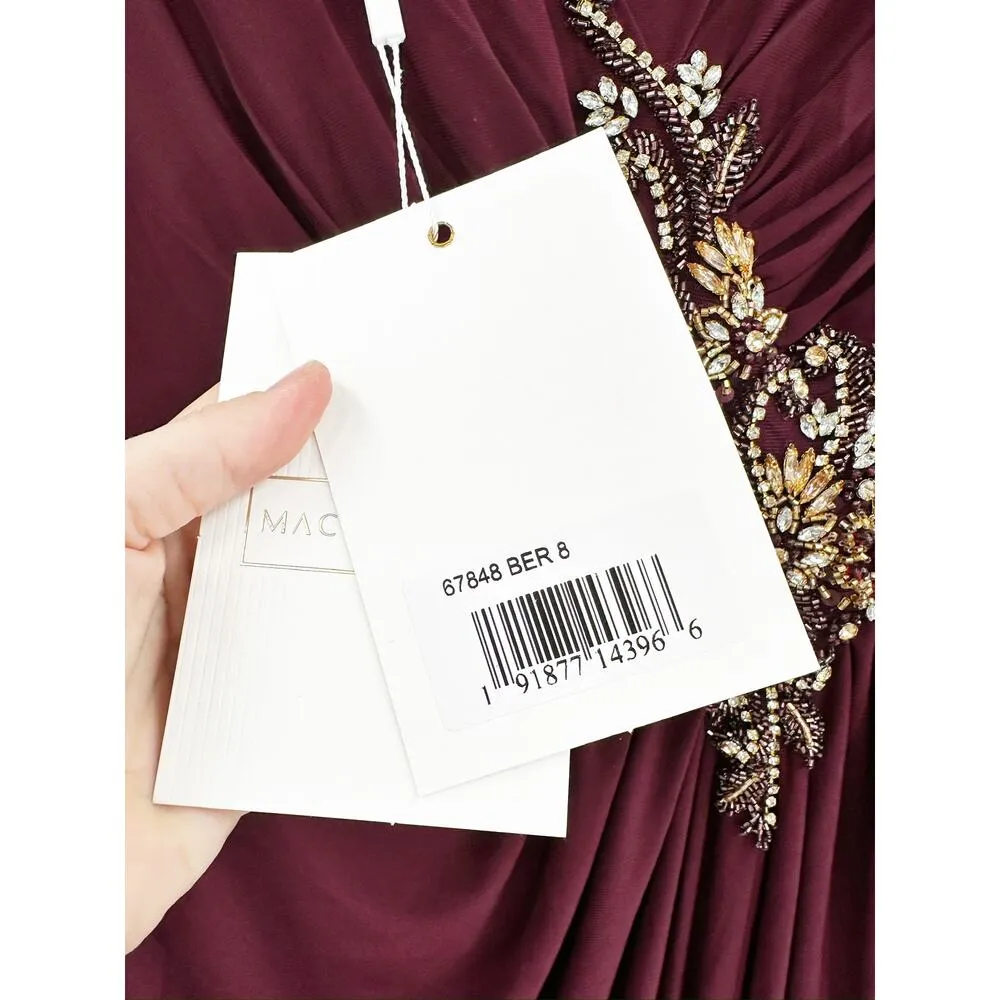 Mac Duggal 67848 Red Berry Faux Wrap Maxi Gown Beaded Bodice 8 NWT - Image 6