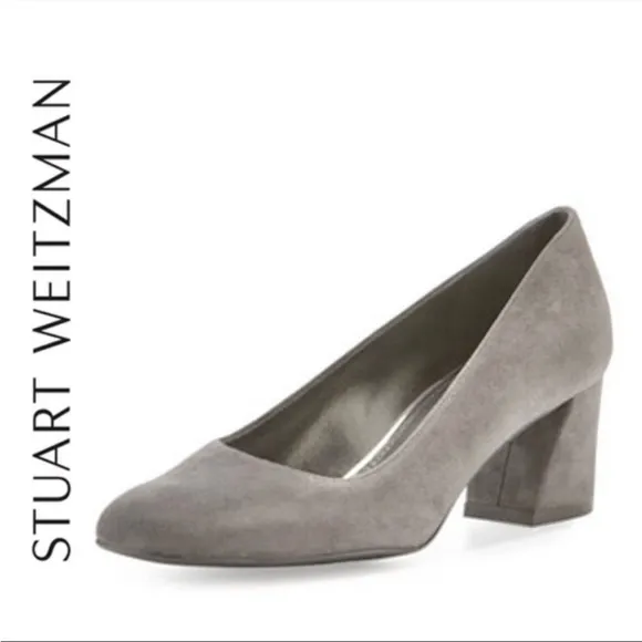 Stuart Weitzman Mary Pumps Suede Block Heel Grey 6W Classic Slip On Round Toe - Image 3