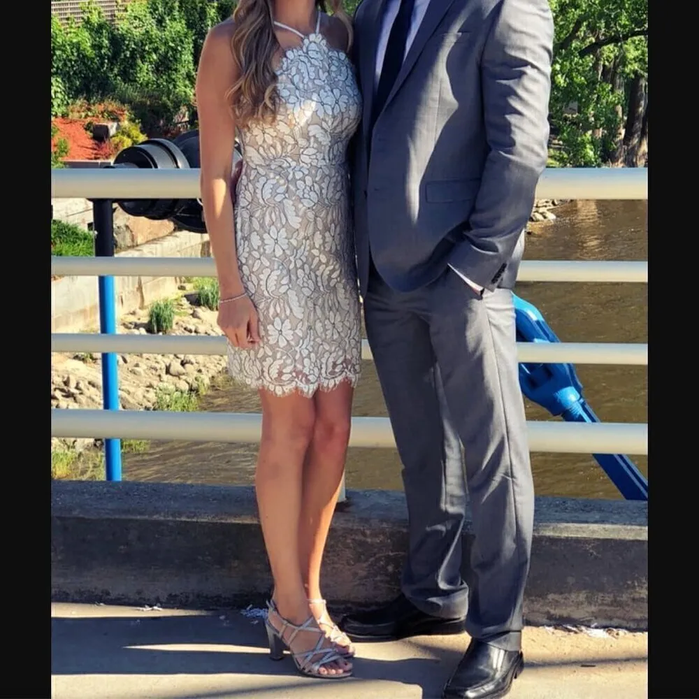 Lulus  Delicate Darling Mini Dress M Beige Ivory Lace Bodycon Bridal Graduation - Image 8