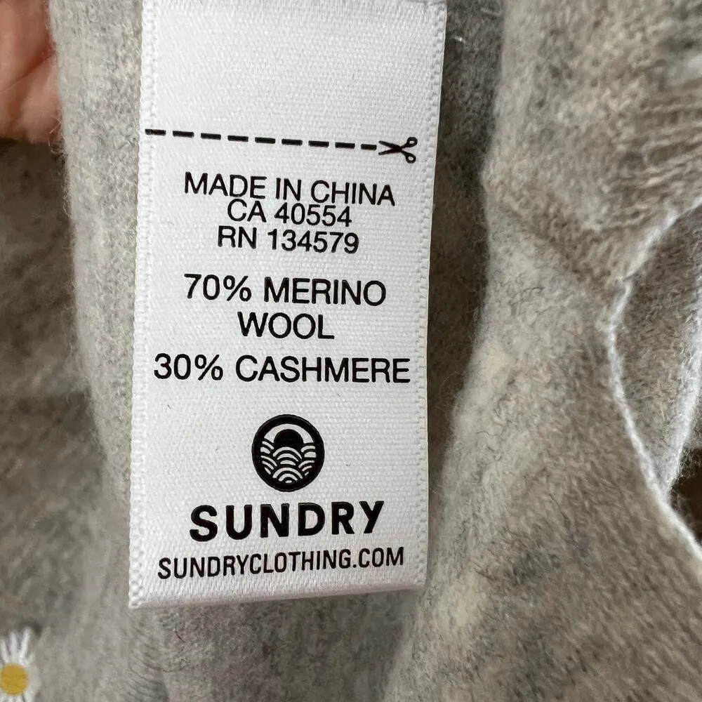 SUNDRY Gray Cashmere Wool Blend Crewneck Sweater with Embroidered Daisies - Image 6