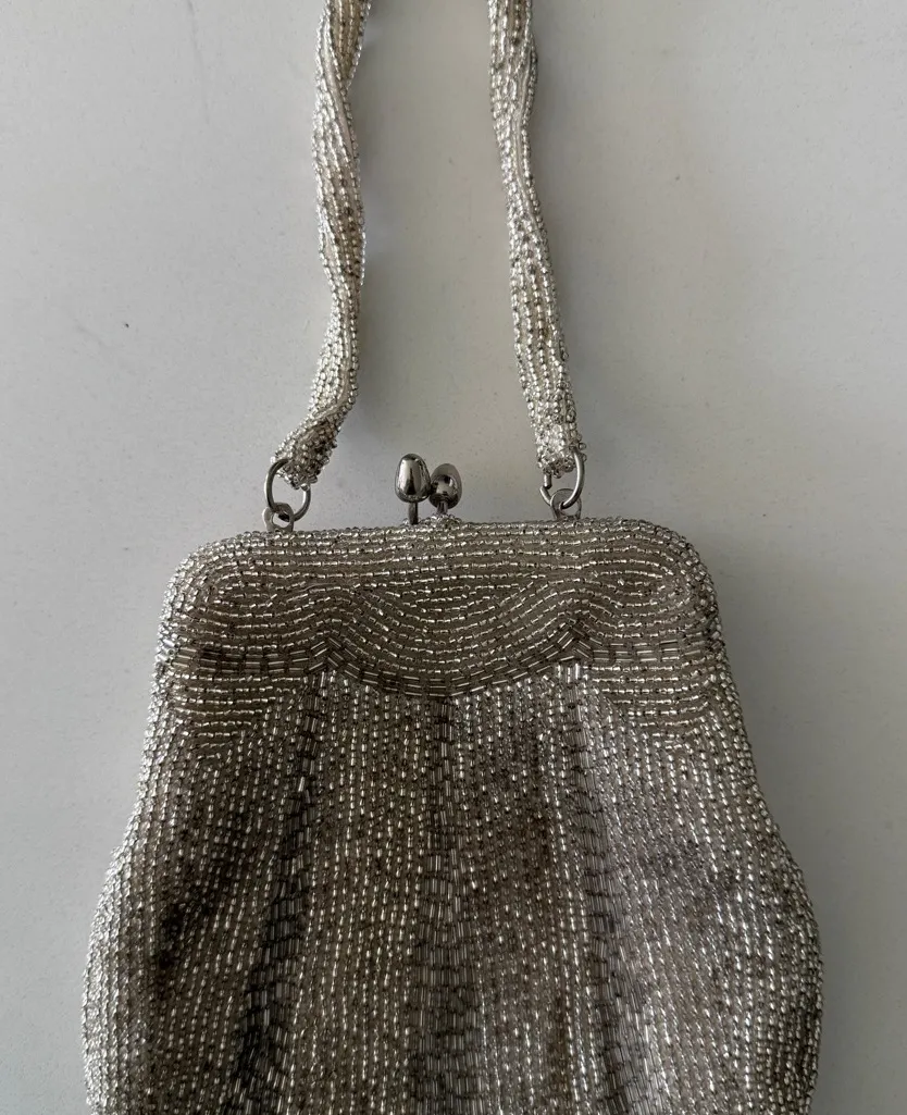 Vintage 50’s Kiss Lock Silver Beaded Clutch Handbag Made in Korea - Image 1