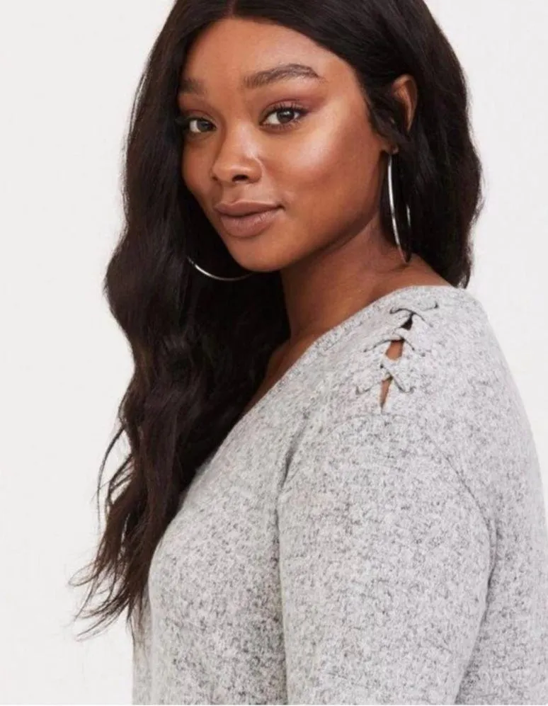 Torrid  Super Soft Plush V-Neck Lace-Up Shoulder Detail Top - Image 9