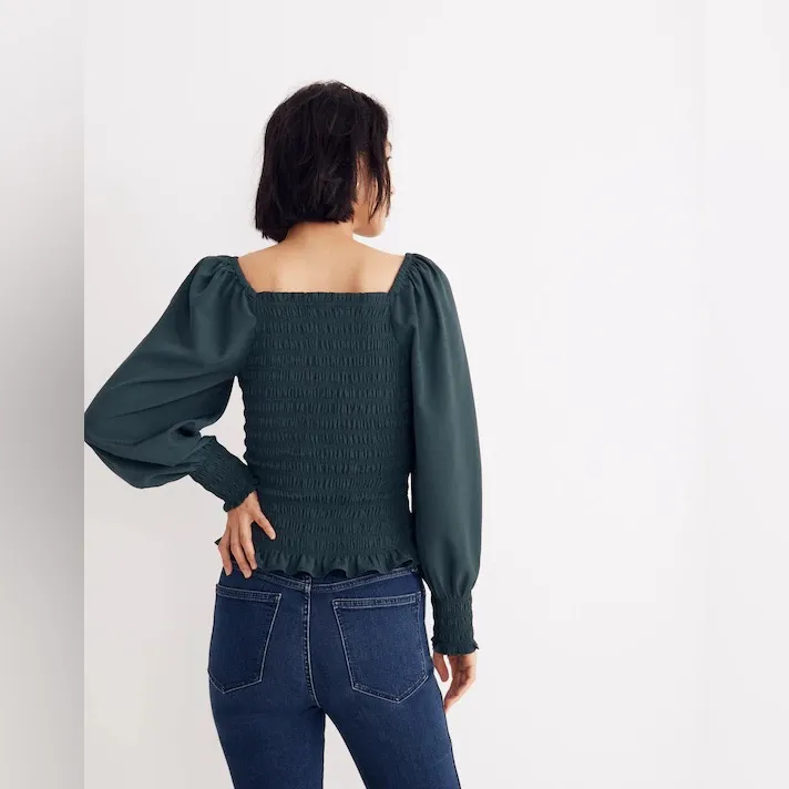 Madewell Emerald Green Lucie Bubble-Sleeve Smocked Top Smocked Puff Sleeve - Image 5