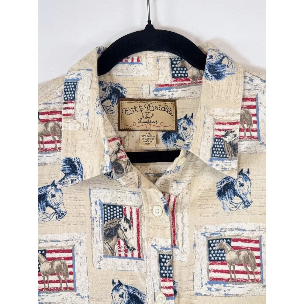 Bit & Bridle Womens Shirt Beige Button Up Horse USA Flag Equestrian Western 2XL Tan Size XXL - Image 3