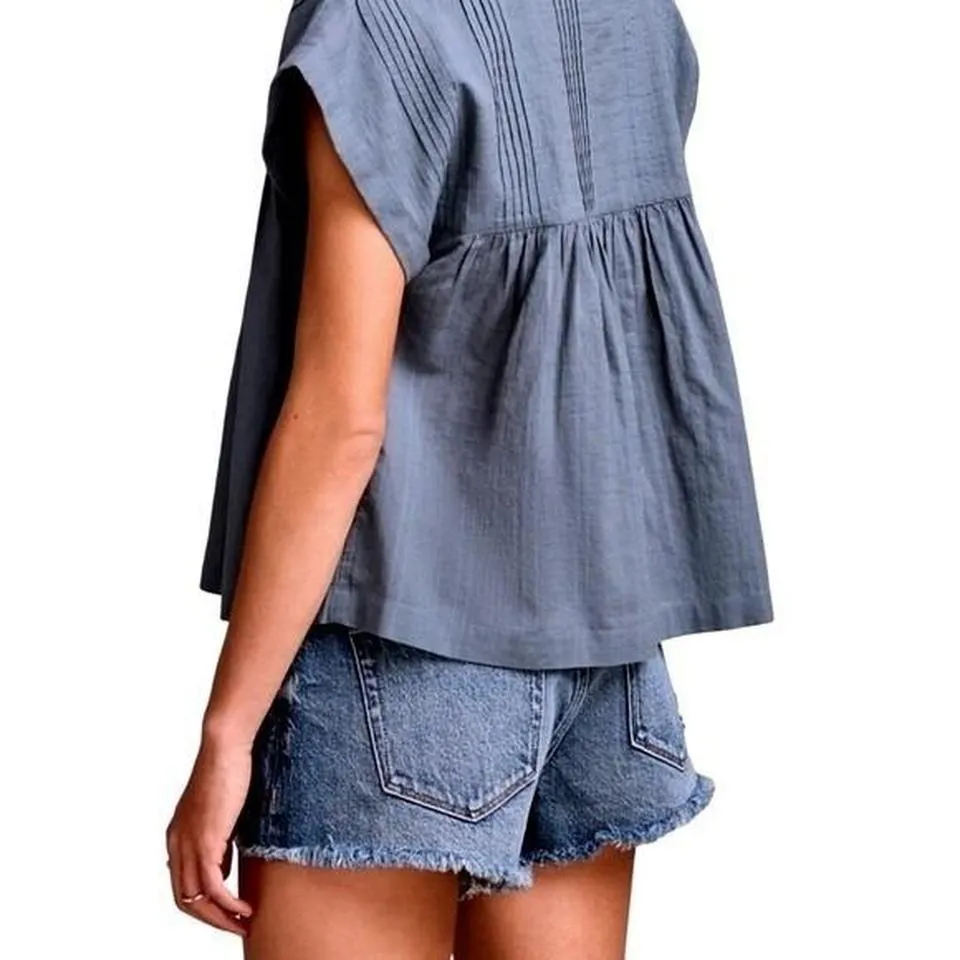 Lucky Brand Women's L 100% Cotton Blue Grey Boxy Button Down Babydoll Tunic Top - Image 4