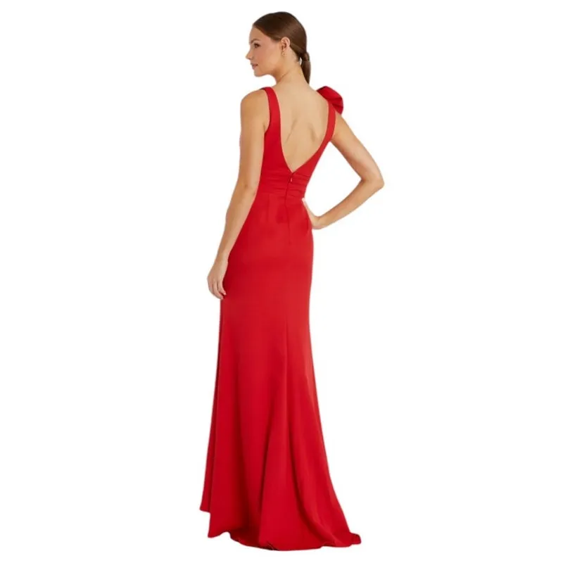 Mac Duggal Size 12 NEW Style 49454 Red Sleeveless V Neck Bow Detail Mermaid Gown - Image 3