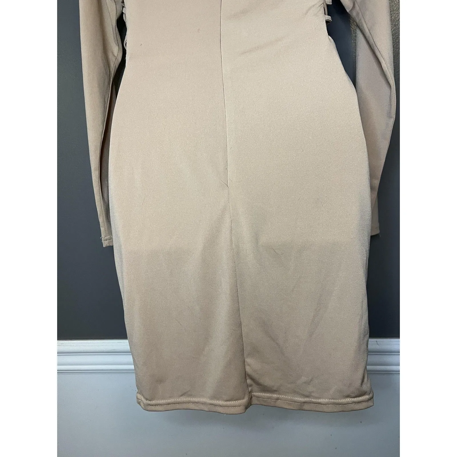 Charlotte Russe Dress Womens Medium Beige Long Sleeve Lattice Cutout Bodycon - Image 7