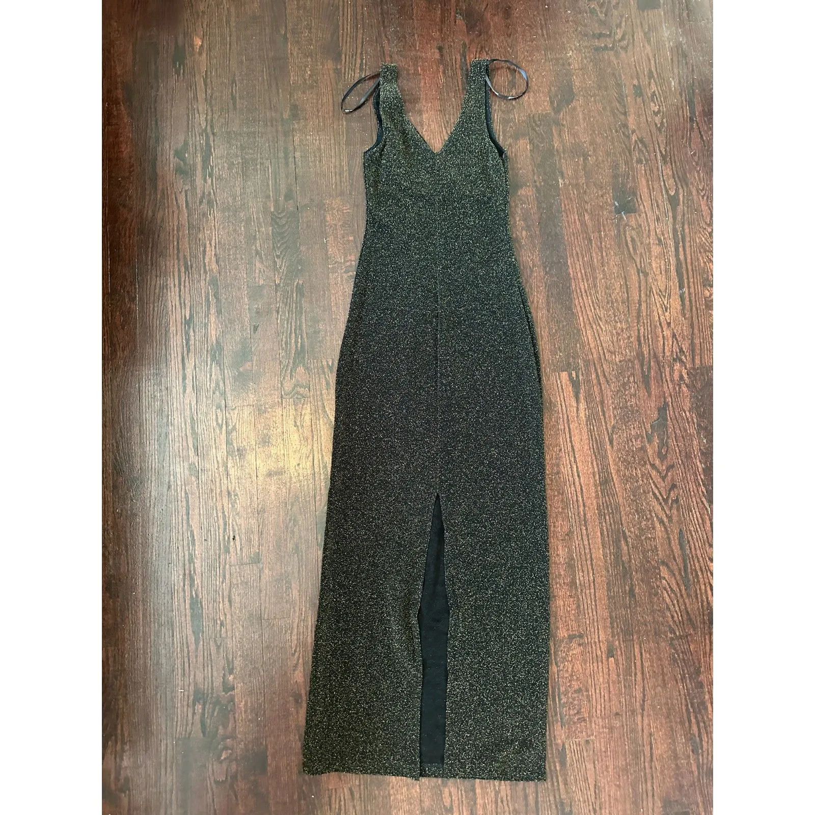 Vintage City Triangles Black Sparkly V Neck Maxi Dress with Slit Size Small - Image 2