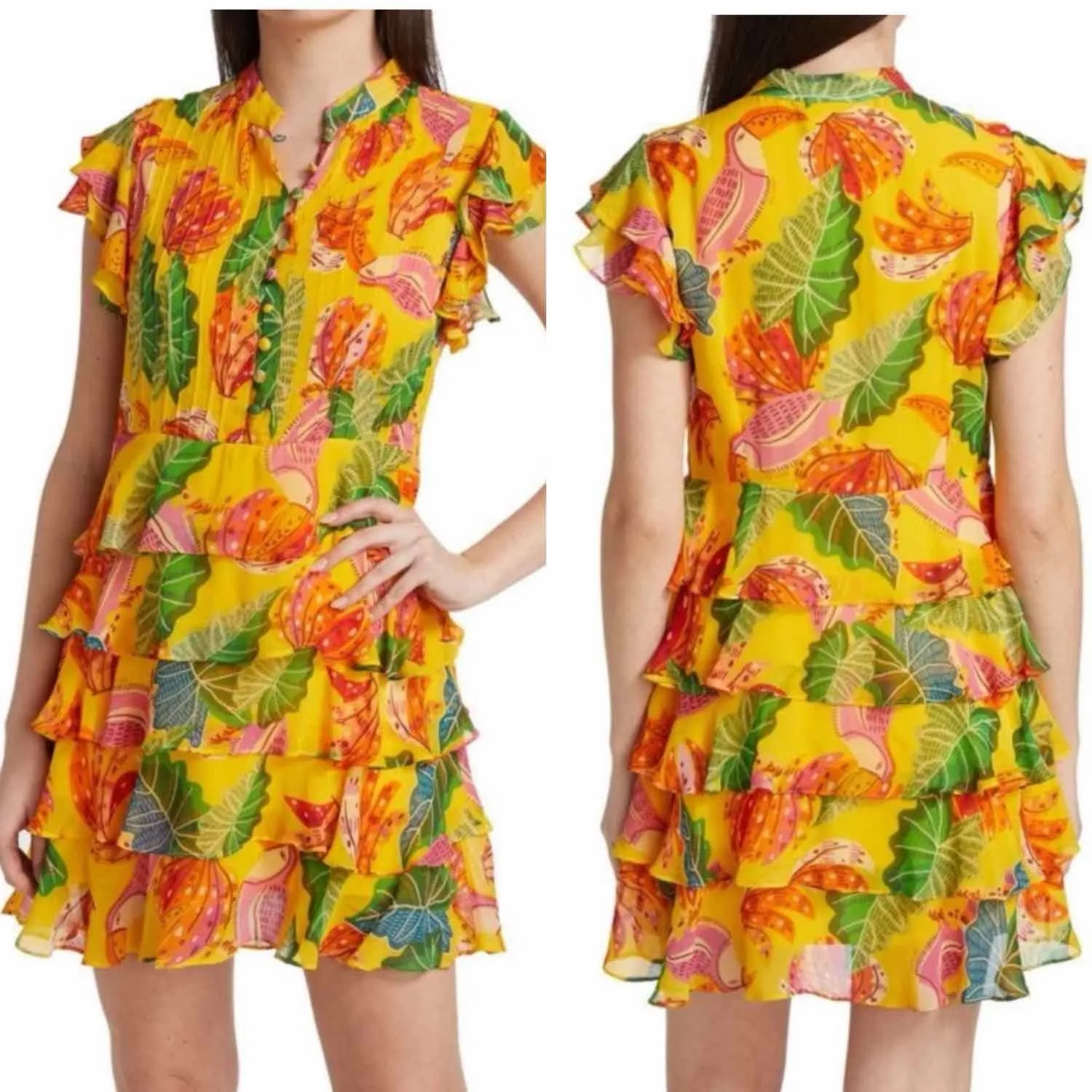 FARM RIO Beaks & Bananas Ruffle Flowy Casual Summer Mini Dress Small - Image 9