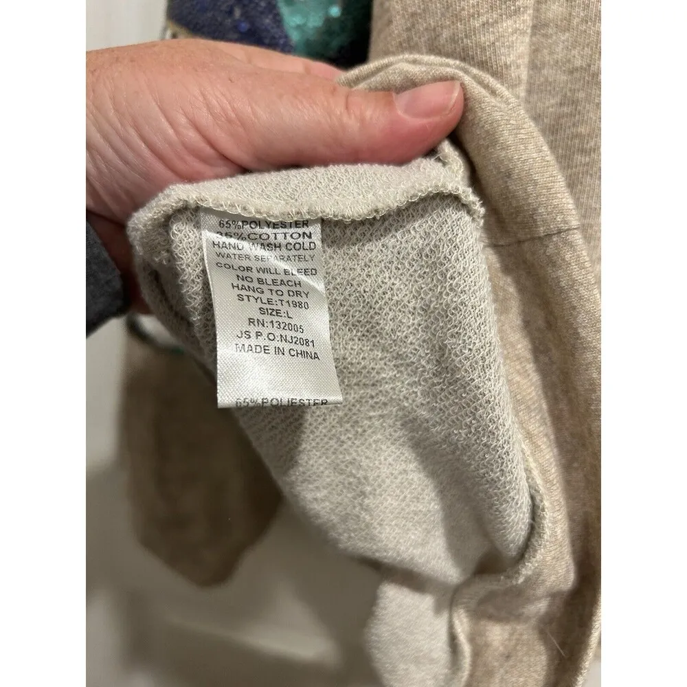 Entro Sequin Sleeve Sweater Sz Large Beige w/ Blue and Teal Sequin Sleeves Gray - Image 6