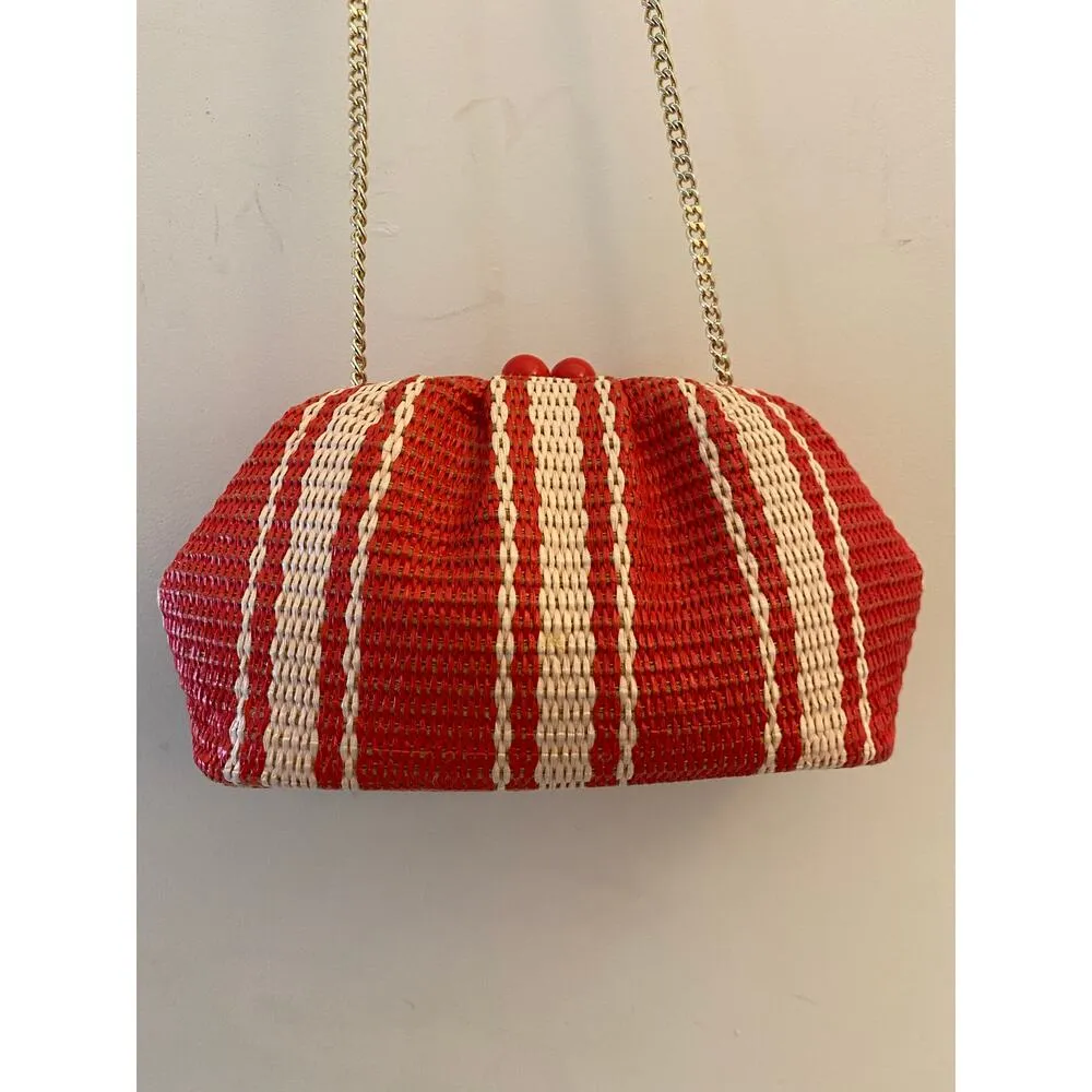 Kate Spade New Scrunchy Convertible Clutch Red Tan Wicker Rattan Striped Summer - Image 11