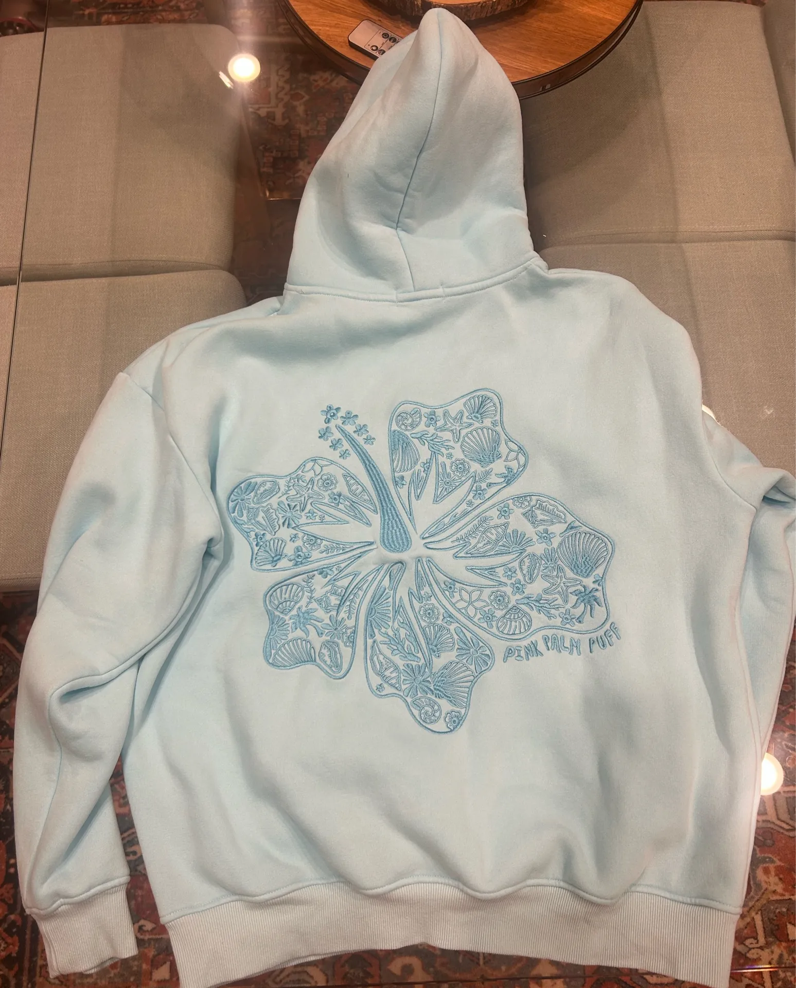 Pink Palm Puff Hoodie “"Hawaii Hibiscus” aquamarine! - Image 2