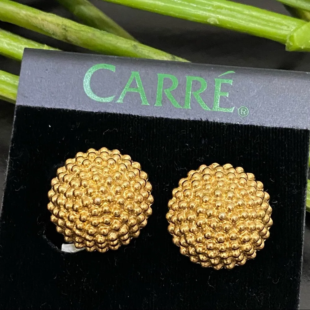 Vintage CARRÉ Golden Beehive Button Clip On Earrings - Image 3